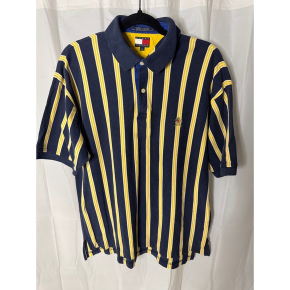 Tommy Hilfiger Polo Shirt Mens Large Blue Yellow Striped Logo Short Sleeve - Picture 1 of 9
